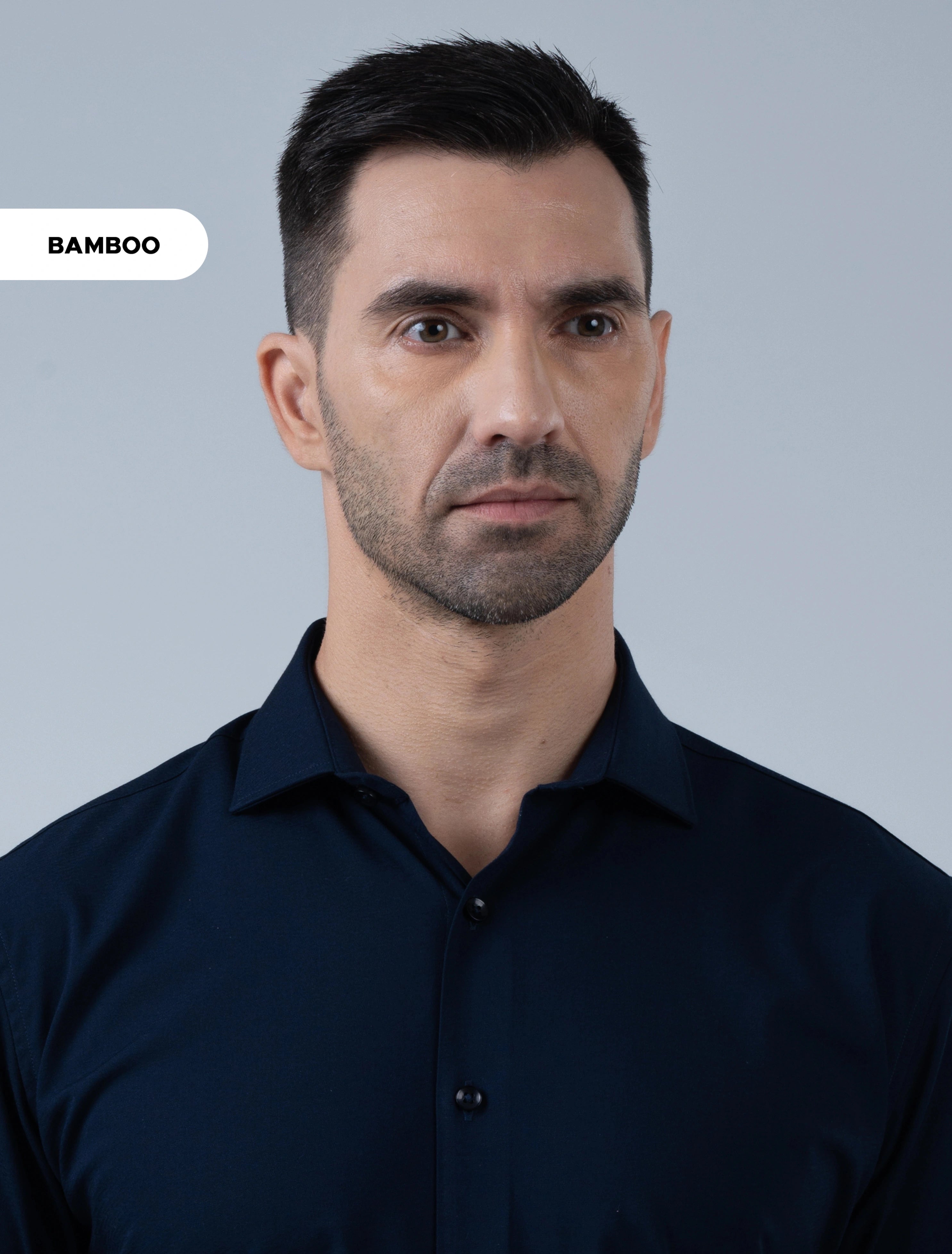 Marshall Menswear Westbury dark navy bamboo dress shirt for men with a refined collar, designed for sophisticated evening and formal wear.