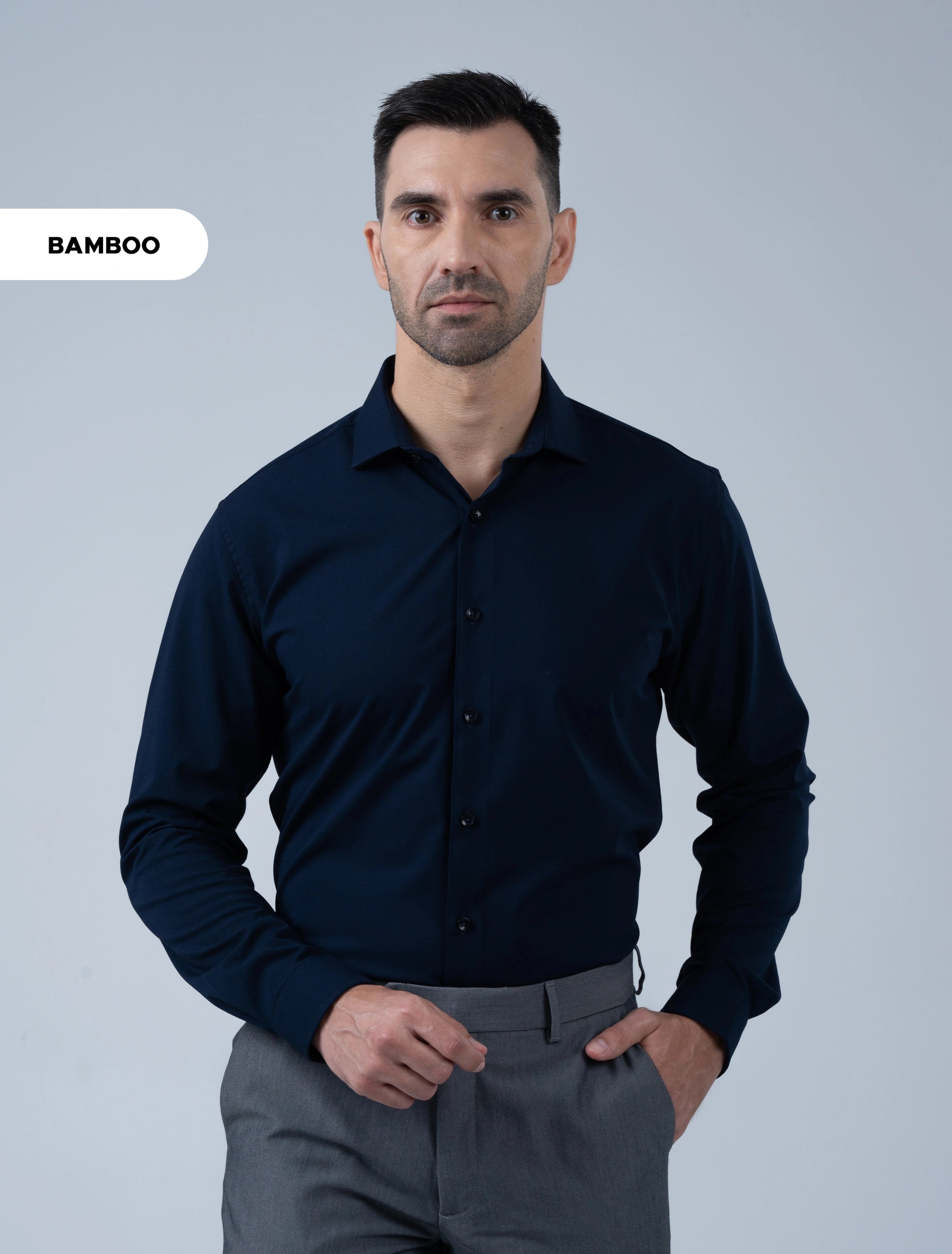 Marshall Menswear Westbury dark navy men's bamboo dress shirt, a refined choice for dinners, evening events and smart formal occasions.