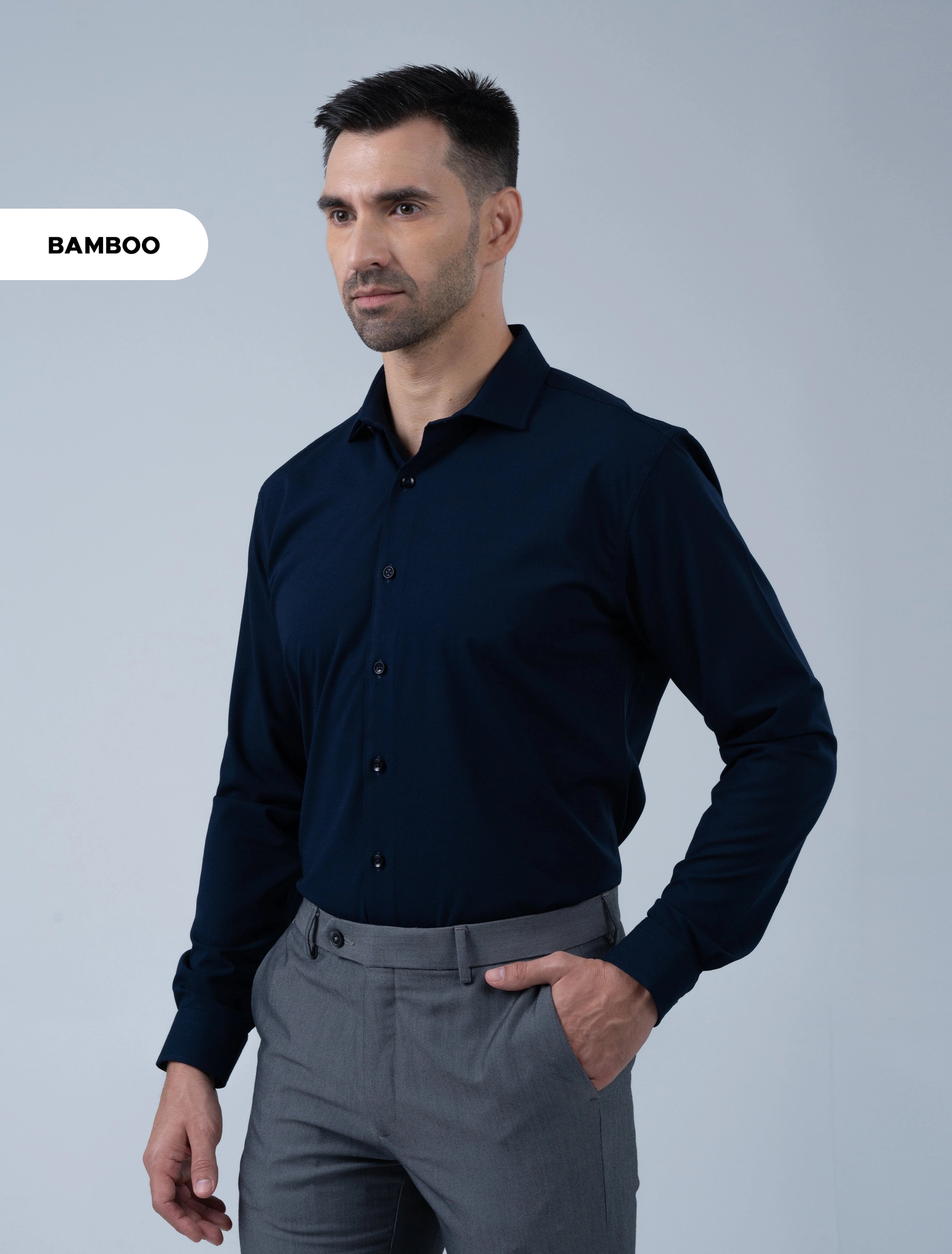 Marshall Menswear Westbury dark navy men's dress shirt crafted from bamboo fabric, styled for sophisticated evening, smart casual and formal looks